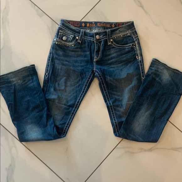 Rock Revival Blue Straight Leg Jeans with Distinctive Design - Picture 5 of 7